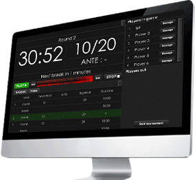 Manage your breaks and rounds, customize ante, blinds, chips, players and prizes.